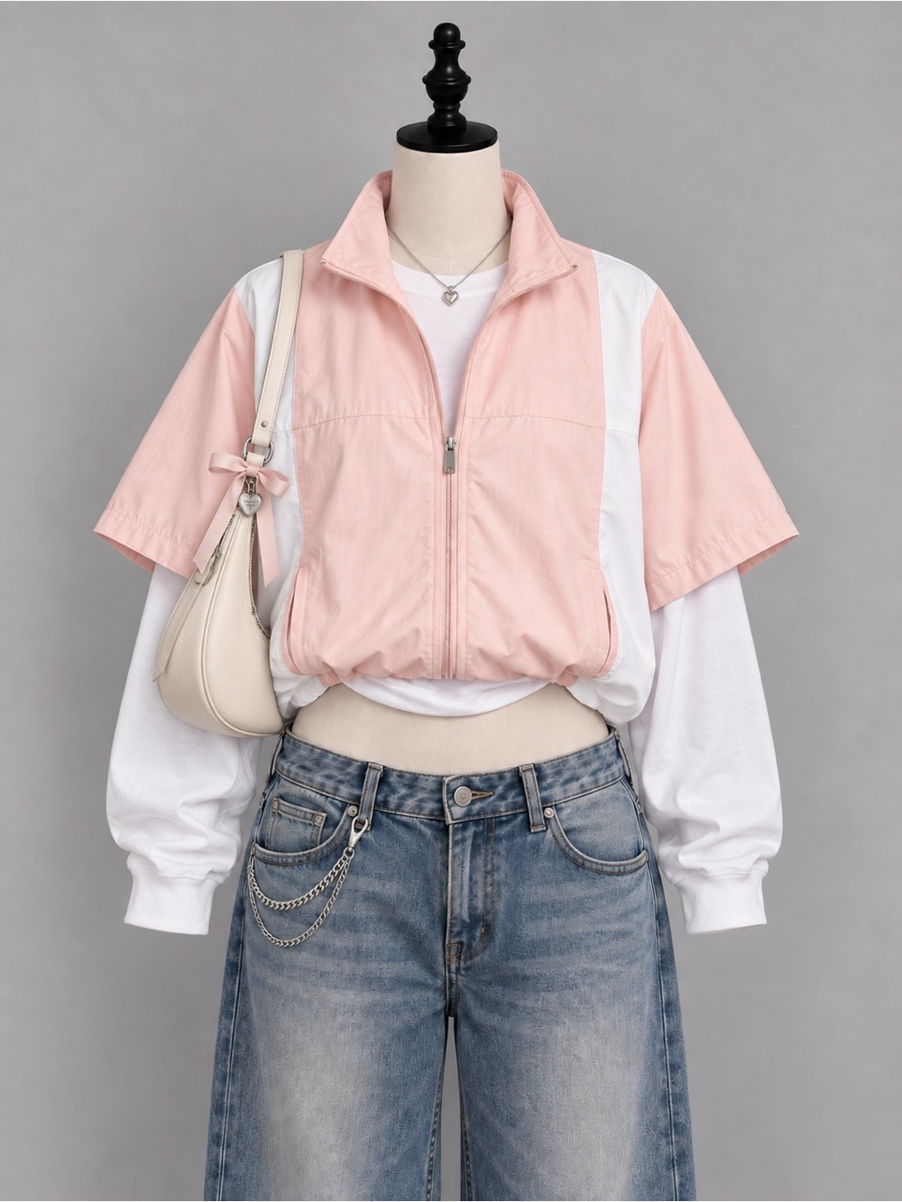adidas Light Pink & White Short Sleeve Zip Jacket